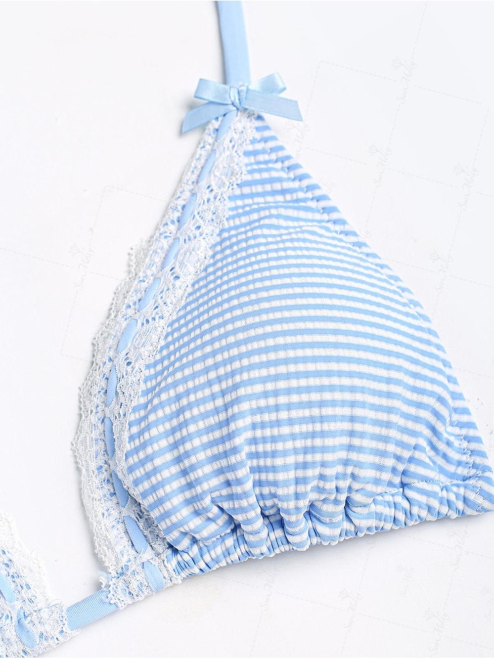 Light Blue Striped Lace-Trim Tie-Side Bikini Set NWT - Picture 3 of 6